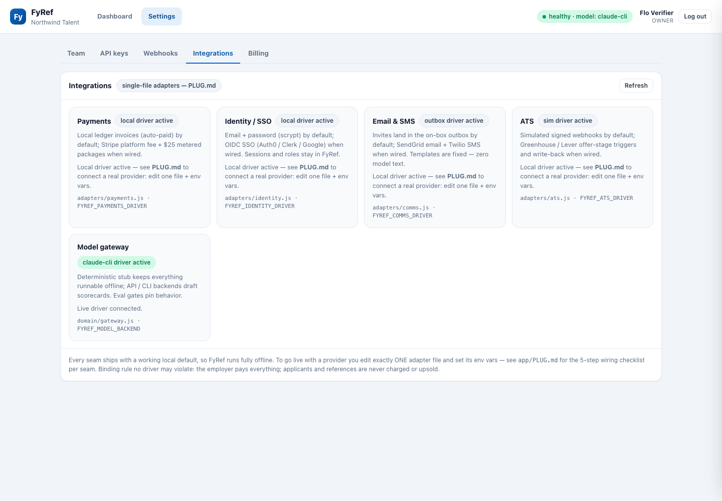 Ref&Go employer dashboard showing reference request status, review queue, and operational settings
